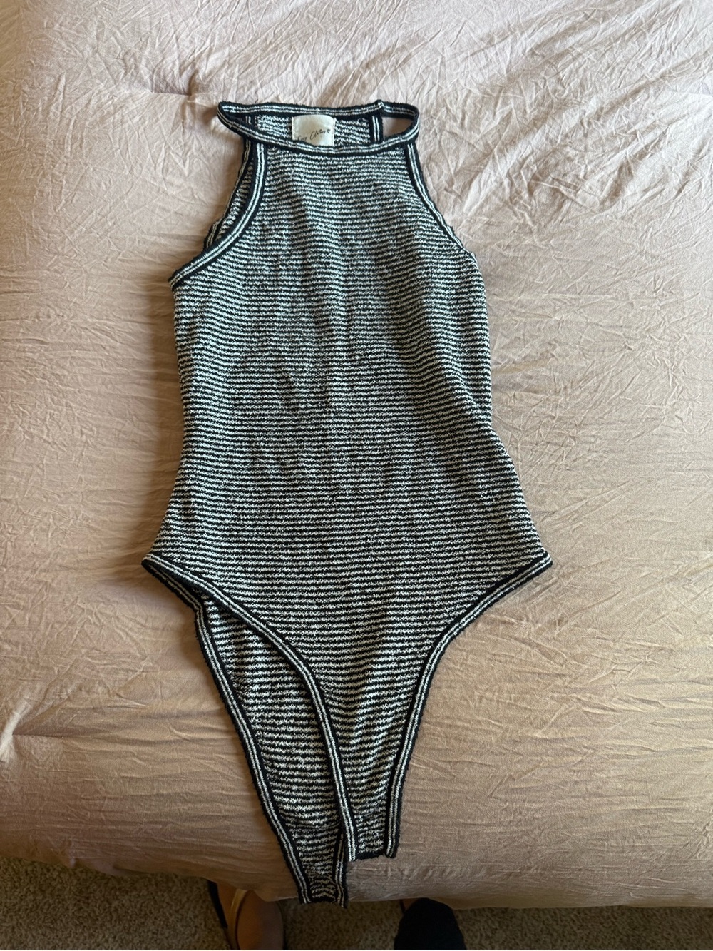 High-Neck Striped Women's One-Piece Bodysuit in Black and White